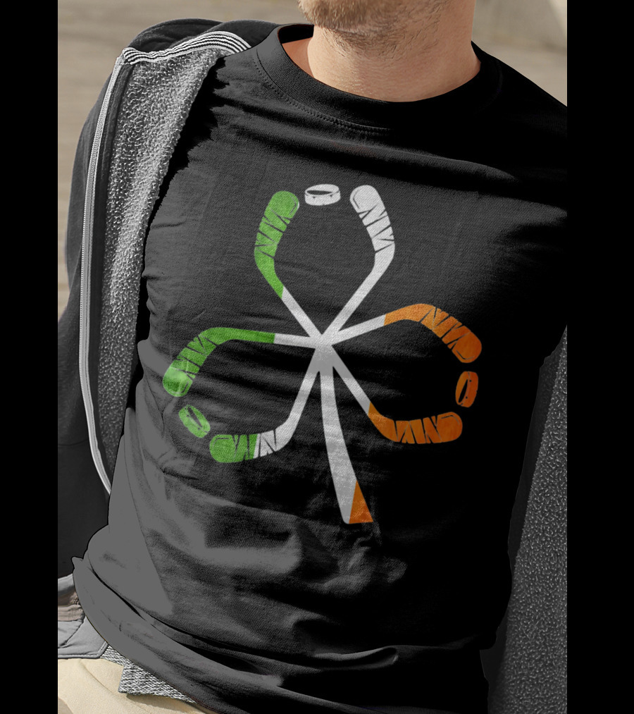 Ice Hockey Shamrock Green White Orange Sticks T-Shirt