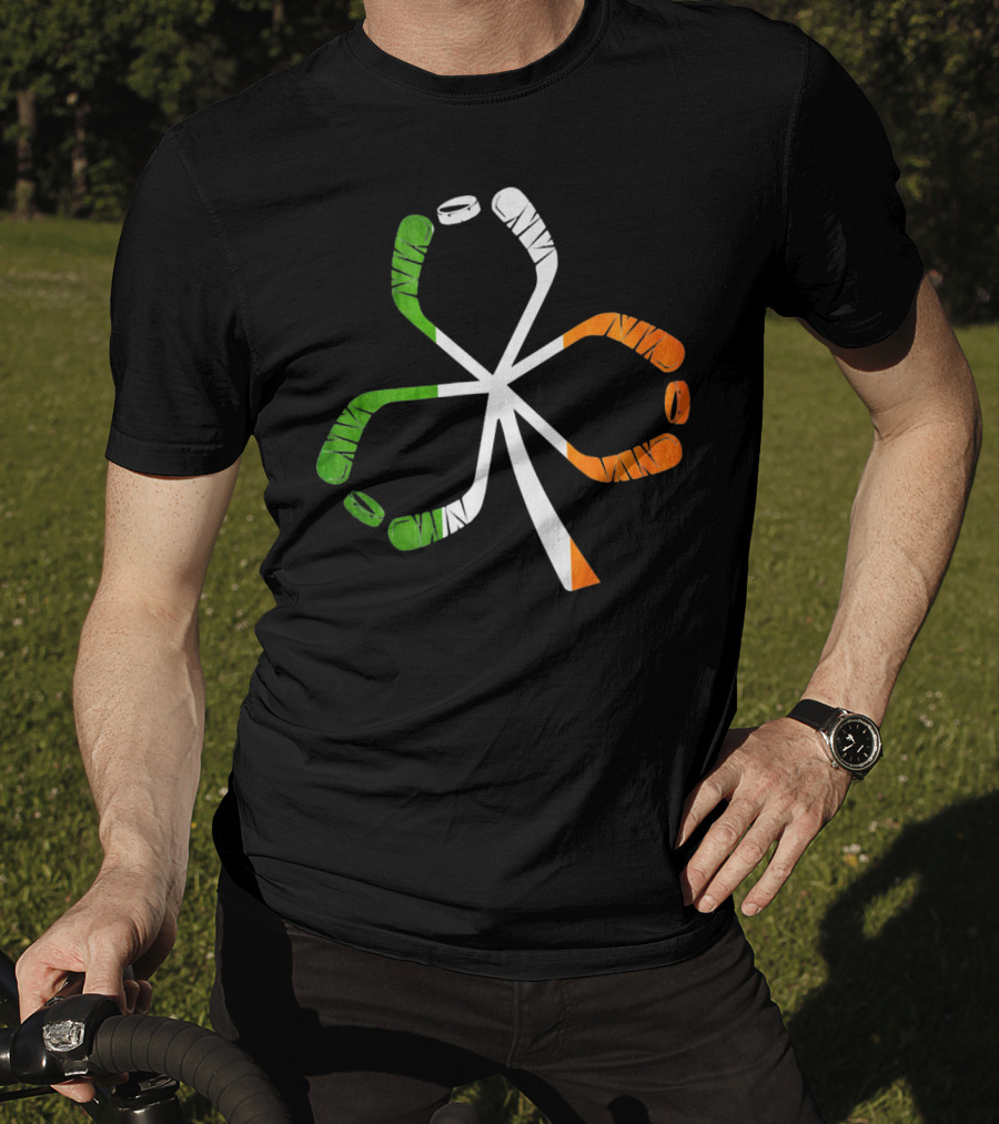 Ice Hockey Shamrock Green White Orange Sticks T-Shirt