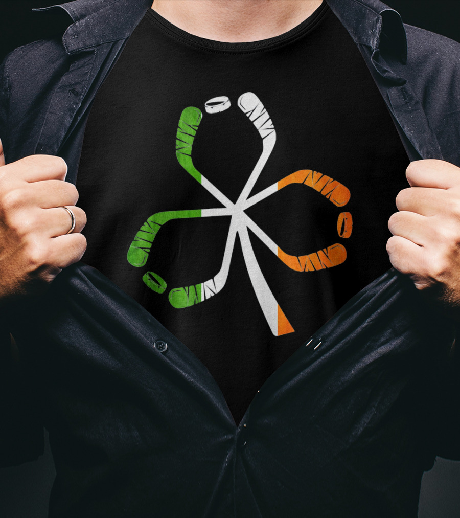 Ice Hockey Shamrock Green White Orange Sticks T-Shirt