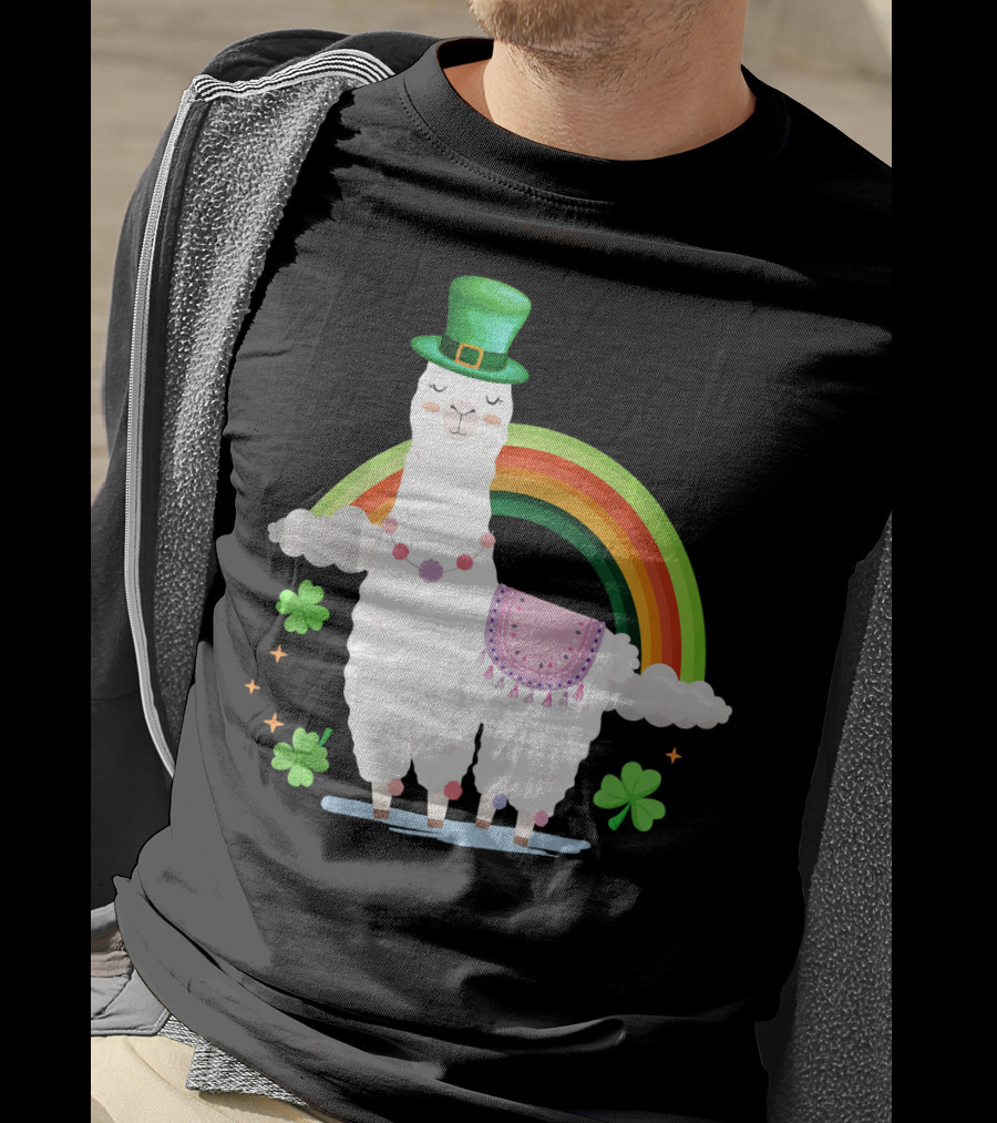 Llama St Patricks Day Rainbow Leprechaun Hat With Shamrocks T-Shirt