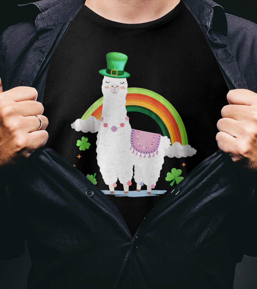 Llama St Patricks Day Rainbow Leprechaun Hat With Shamrocks T-Shirt