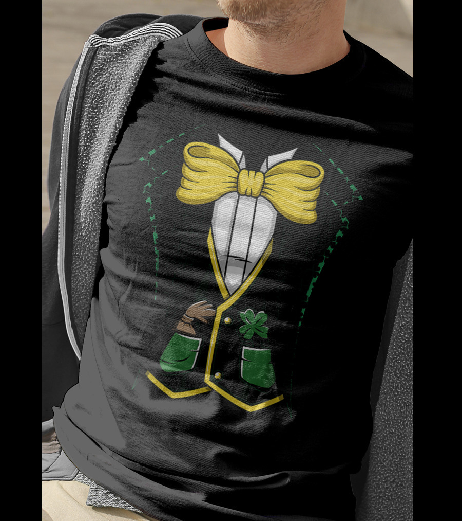 Leprechaun Costume Green Suit With Yellow Bow Tie And Shamrock Details T-Shirt