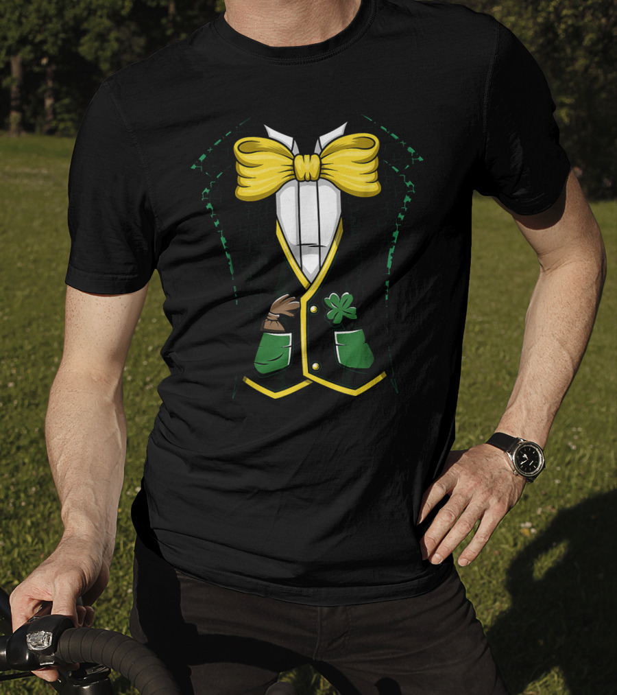 Leprechaun Costume Green Suit With Yellow Bow Tie And Shamrock Details T-Shirt