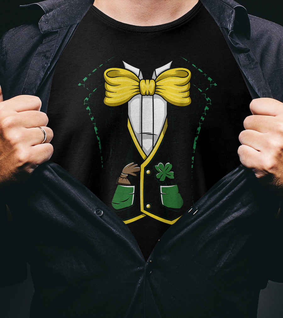 Leprechaun Costume Green Suit With Yellow Bow Tie And Shamrock Details T-Shirt