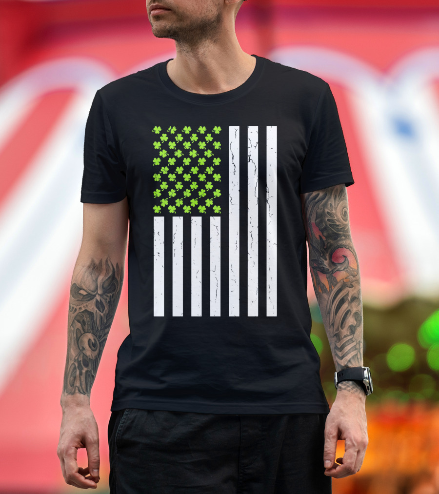 St Patricksday Shamrock American Flag T-Shirt