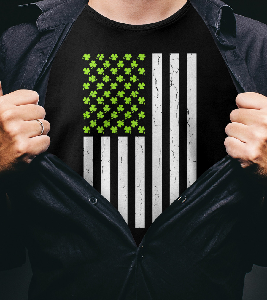 St Patricksday Shamrock American Flag T-Shirt