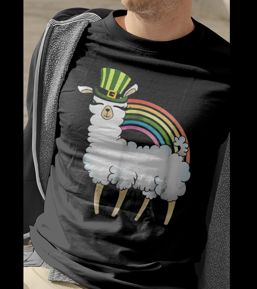 Llama In St Patrick's Day Hat With Rainbow T-Shirt
