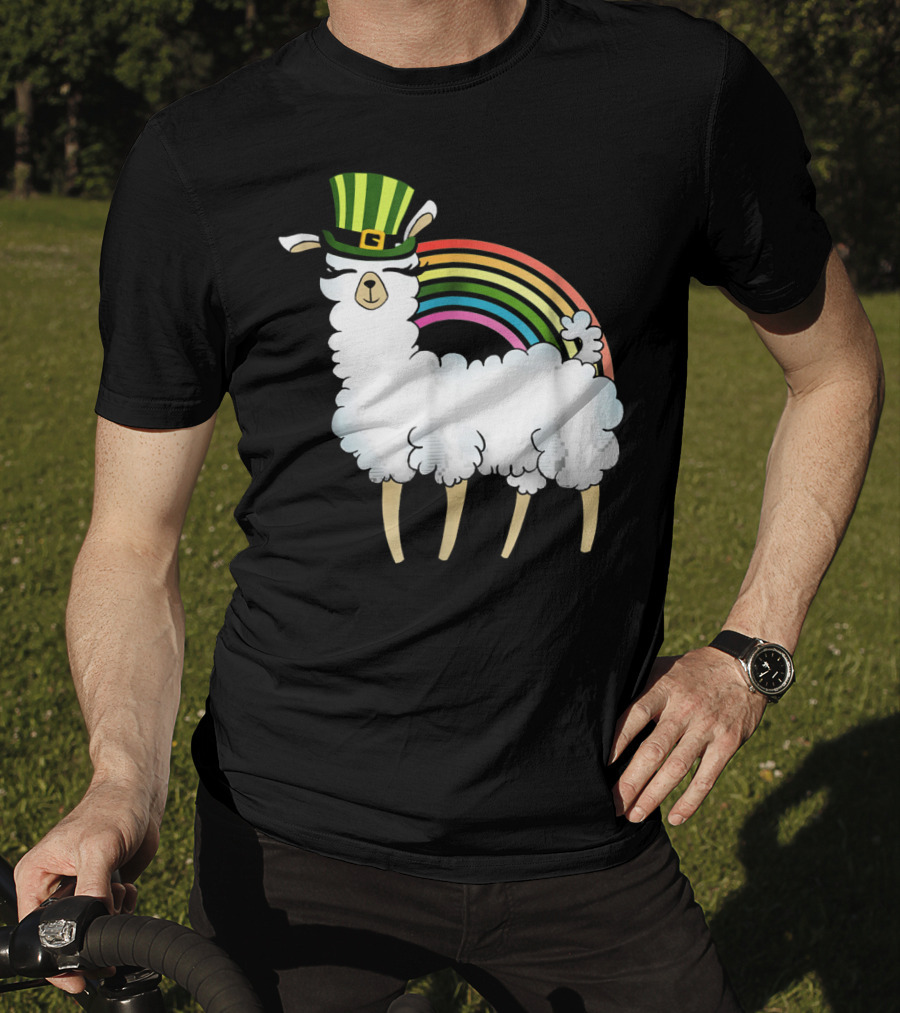 Llama In St Patrick's Day Hat With Rainbow T-Shirt