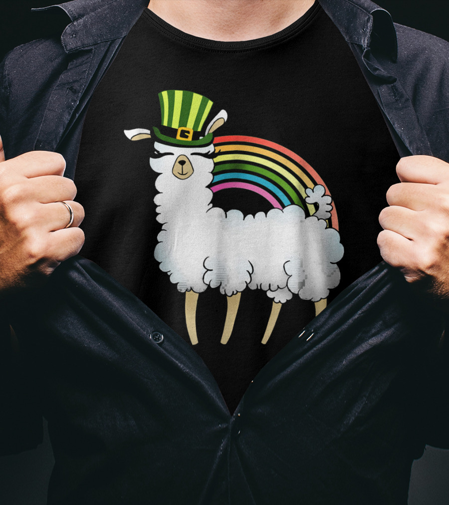 Llama In St Patrick's Day Hat With Rainbow T-Shirt