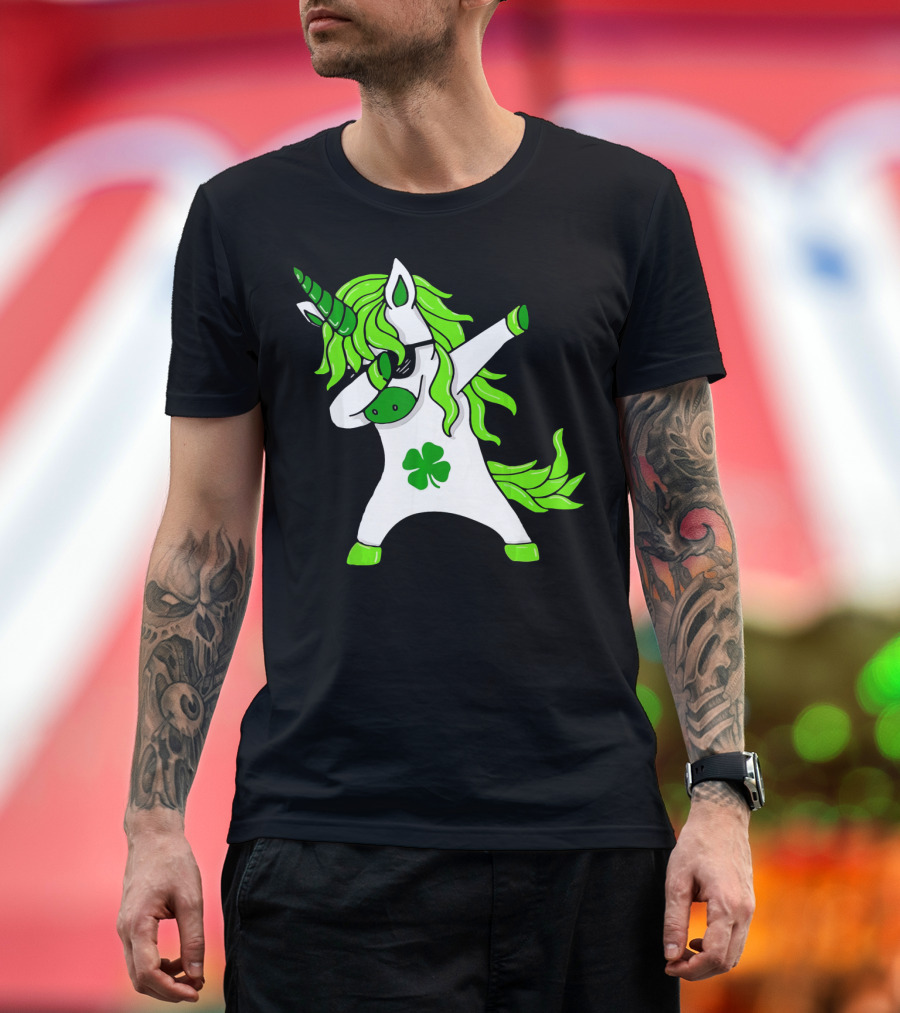 Mens Womens Dabbing Unicorn with Green Shamrock and Hair T-Shirt