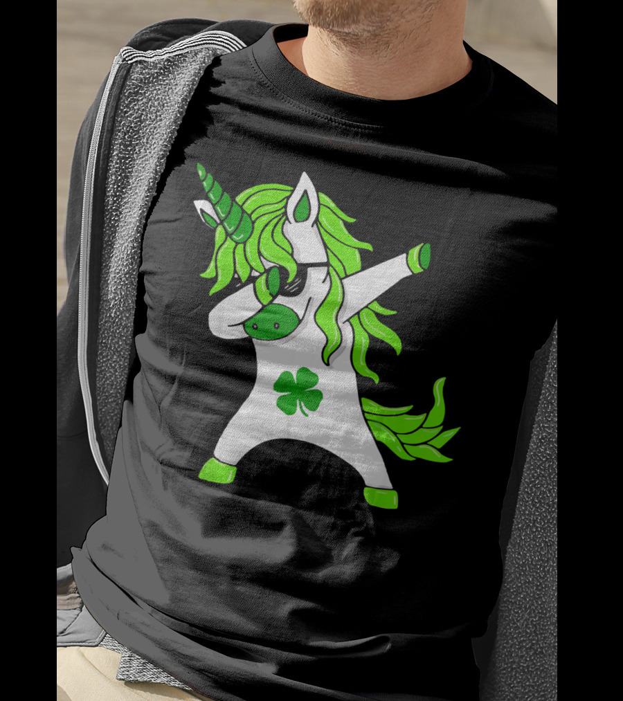 Mens Womens Dabbing Unicorn With Green Shamrock And Hair T-Shirt