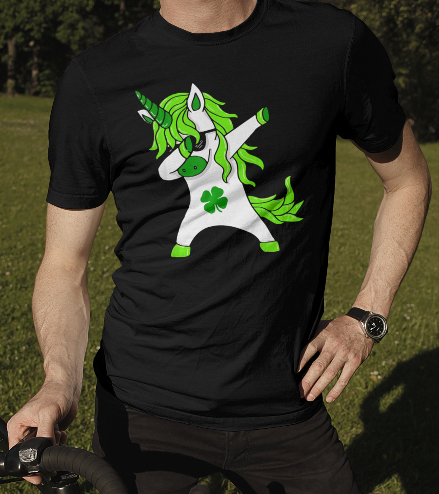 Mens Womens Dabbing Unicorn With Green Shamrock And Hair T-Shirt