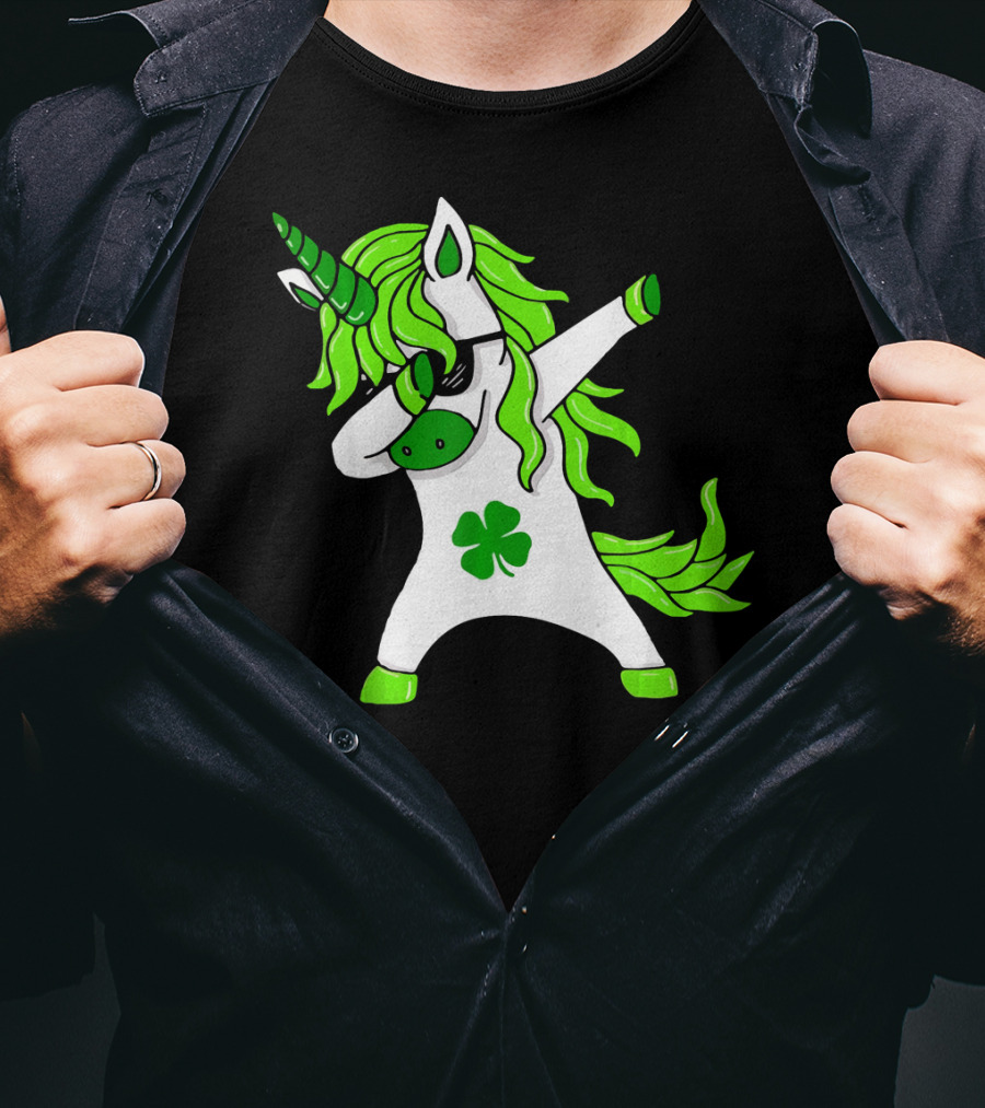 Mens Womens Dabbing Unicorn With Green Shamrock And Hair T-Shirt