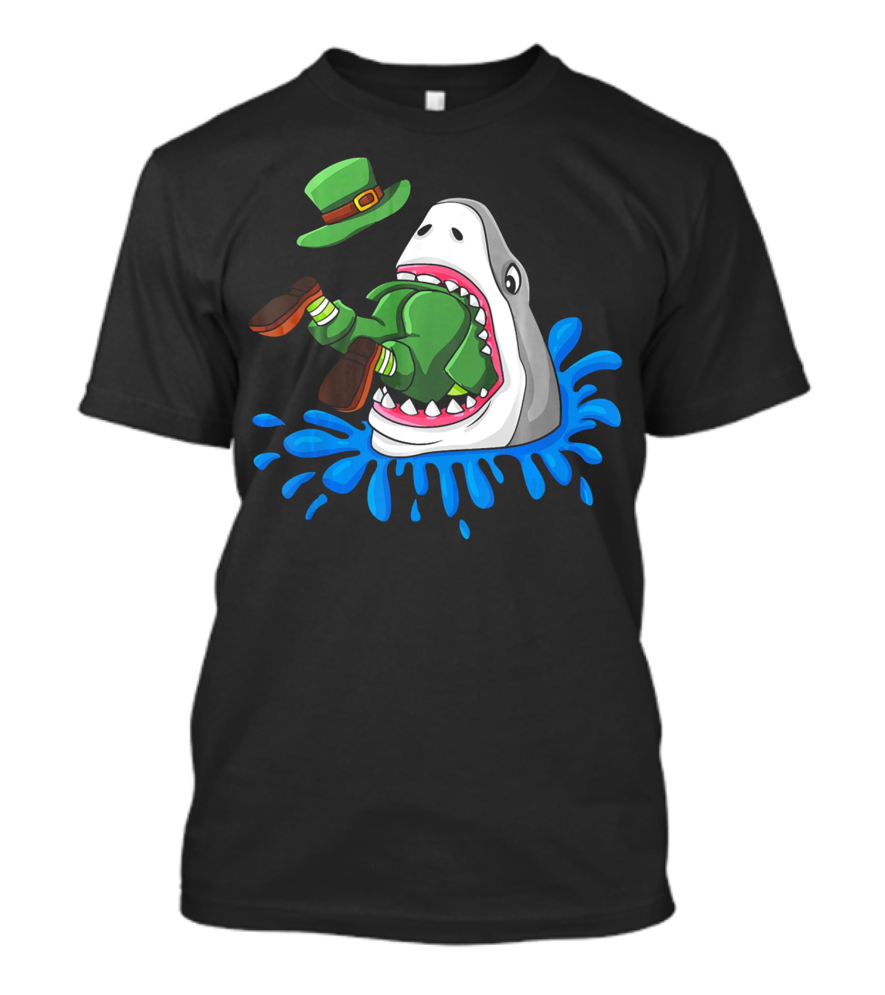 Shark Devours Leprechaun Wearing Green Outfit With Dropped Hat In Water Splash T-Shirt