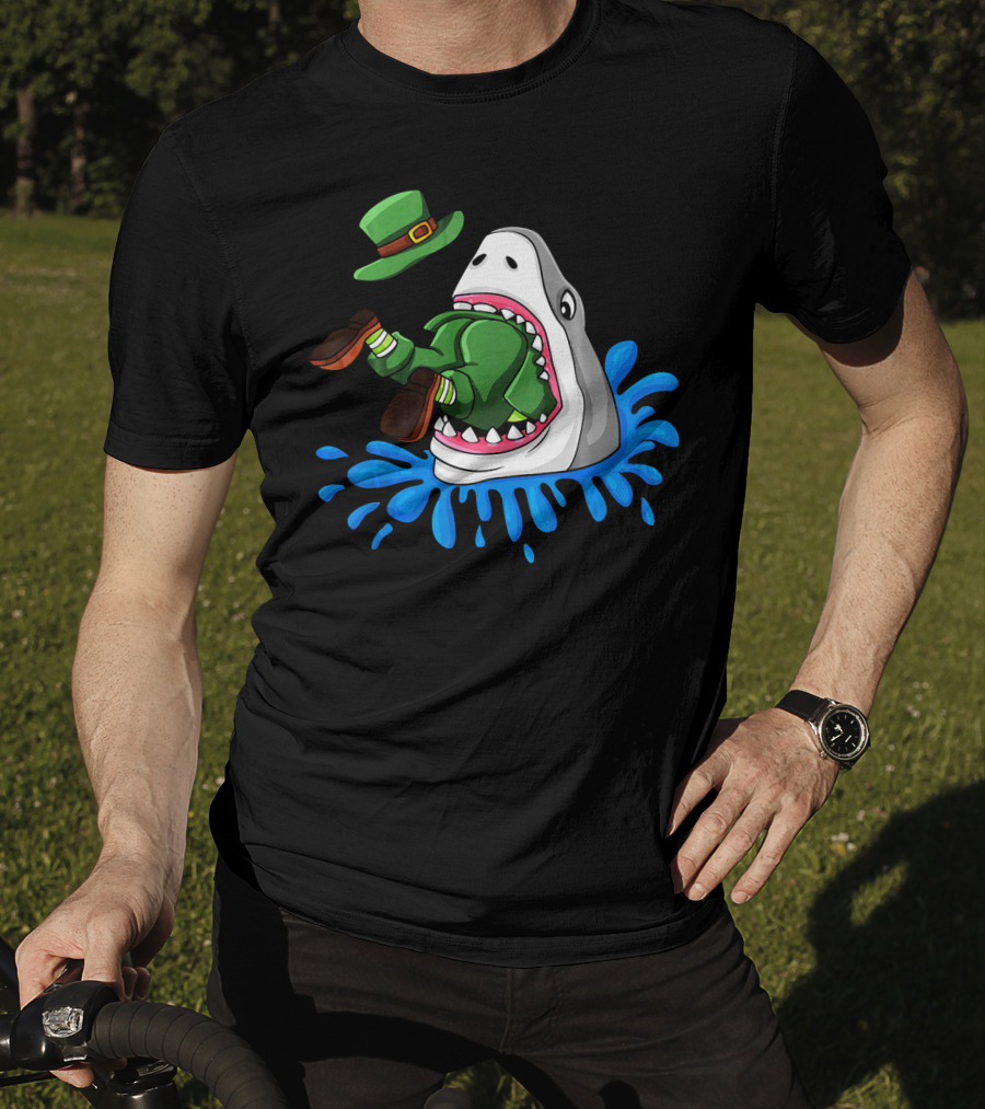 Shark Devours Leprechaun Wearing Green Outfit With Dropped Hat In Water Splash T-Shirt