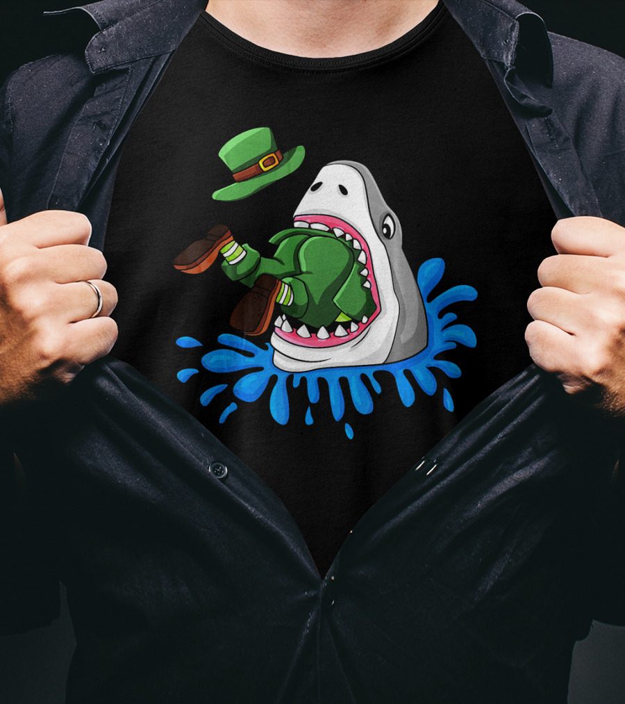 Shark Devours Leprechaun Wearing Green Outfit With Dropped Hat In Water Splash T-Shirt