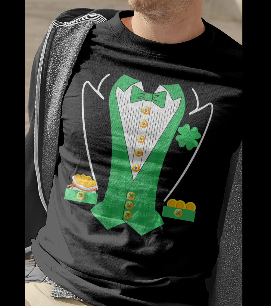 Leprechaun Costume Girl Green Suit Bow Tie Clover Gold Coins T-Shirt