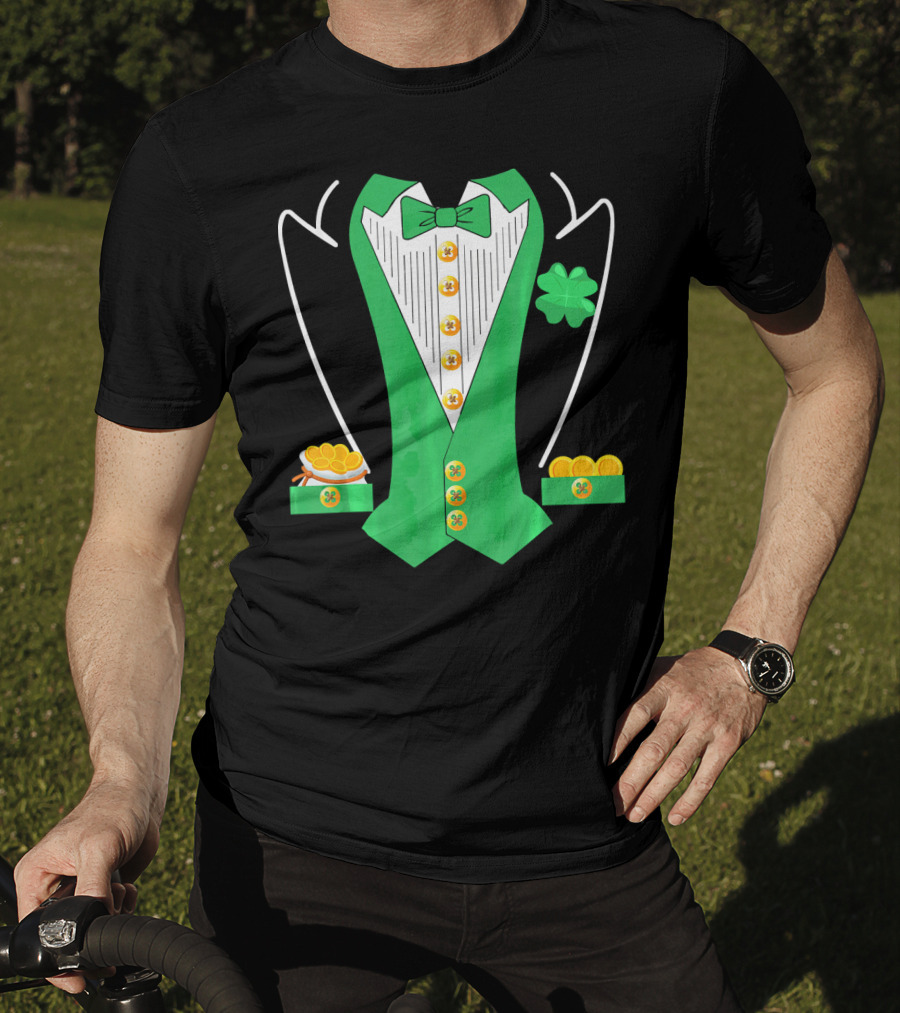 Leprechaun Costume Girl Green Suit Bow Tie Clover Gold Coins T-Shirt