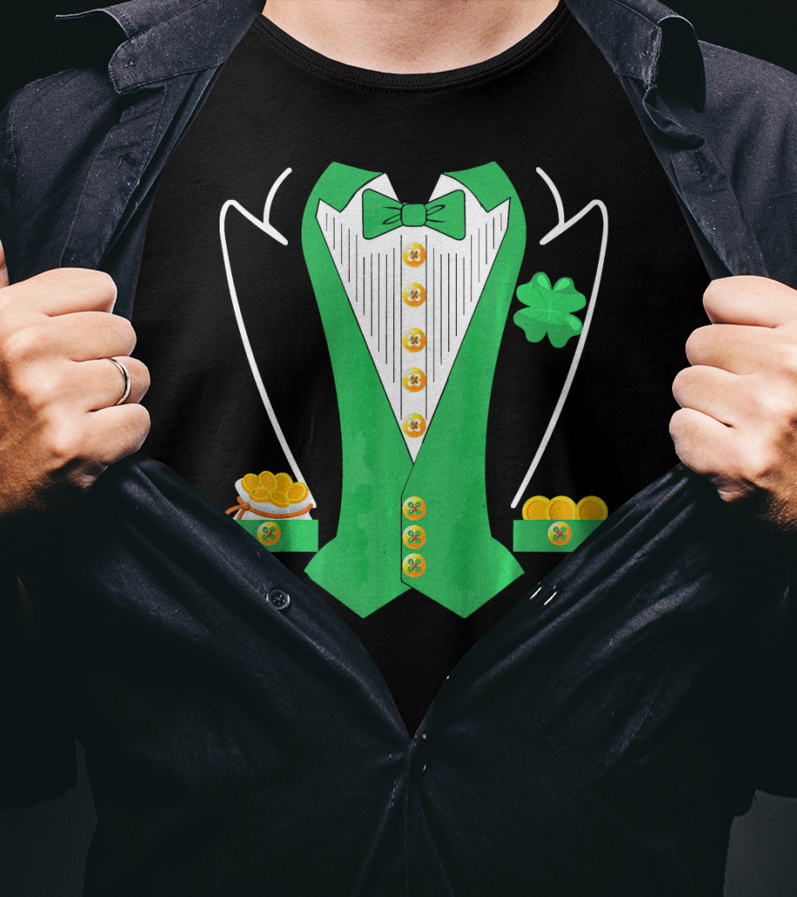 Leprechaun Costume Girl Green Suit Bow Tie Clover Gold Coins T-Shirt