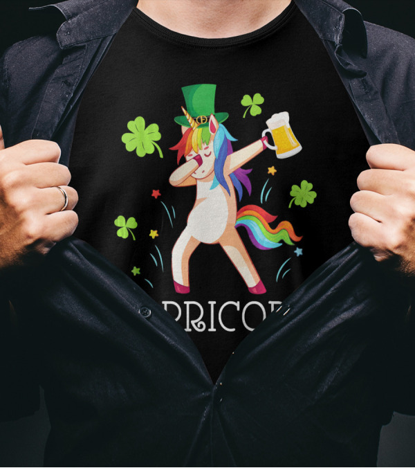 Leprechaun Unicorn Dabbing Drinking Beer With Shamrocks And Rainbow Tail T-Shirt