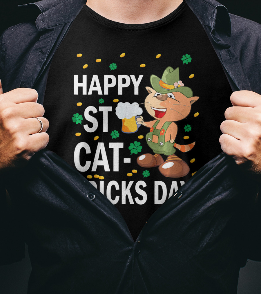 Happy St Cat-Tricks Day Cat Leprechaun Drinking Beer With Clovers And Gold Coins T-Shirt