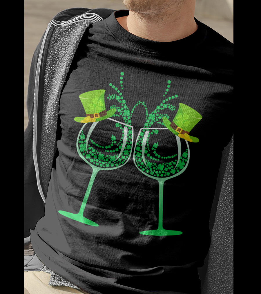 Wine Glass Leprechaun Shamrock Funny Drinking T-Shirt