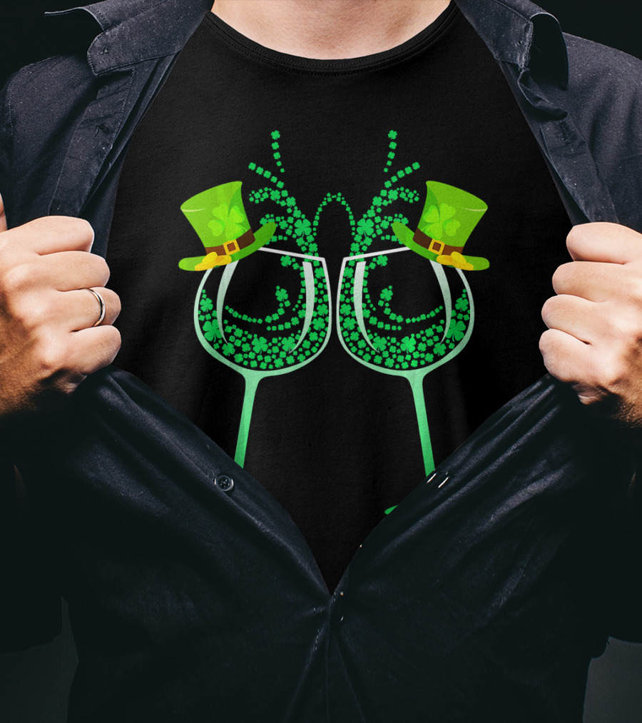 Wine Glass Leprechaun Shamrock Funny Drinking T-Shirt