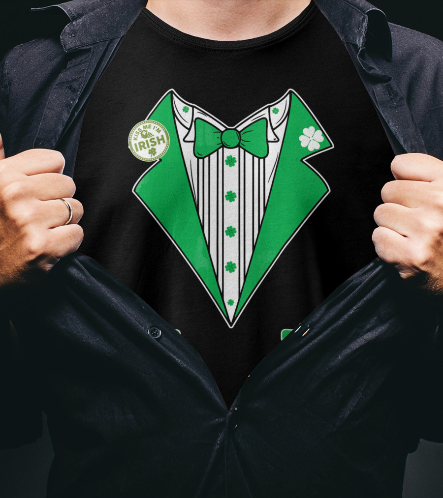St. Patricks Day Tux Green Kiss Me I'm Irish Bow Tie Four-Leaf Clover T-Shirt