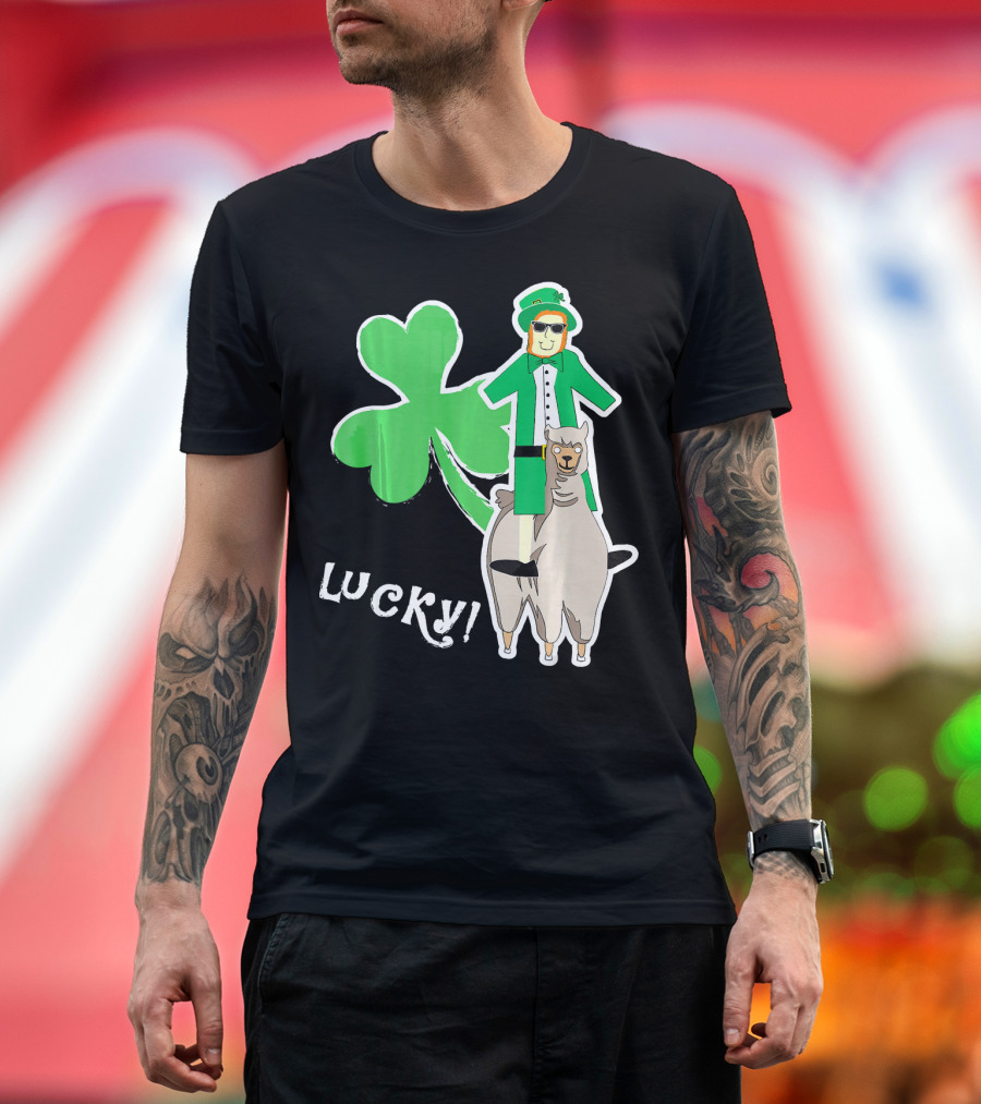 Lucky Leprechaun Riding Llama with Shamrock Irish T-Shirt