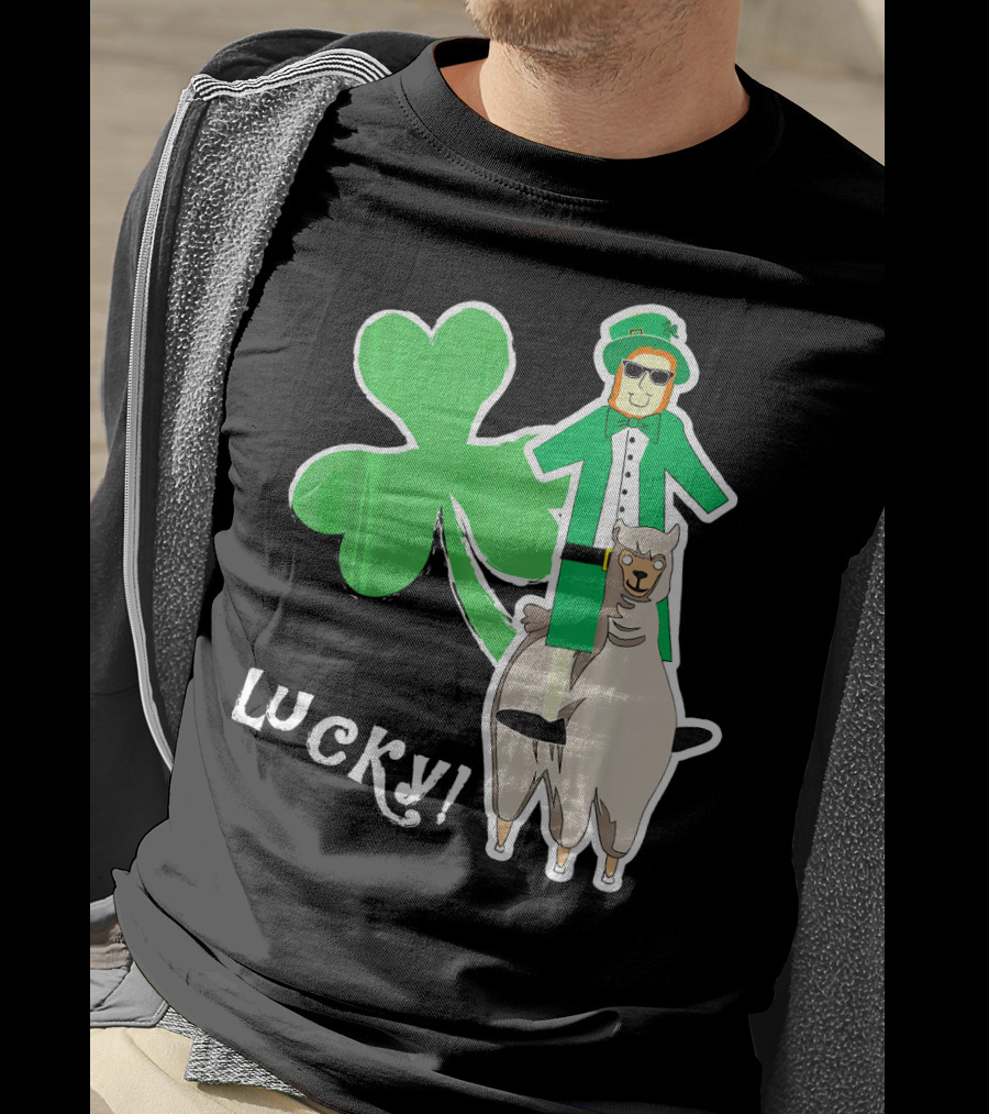 Lucky Leprechaun Riding Llama With Shamrock Irish T-Shirt