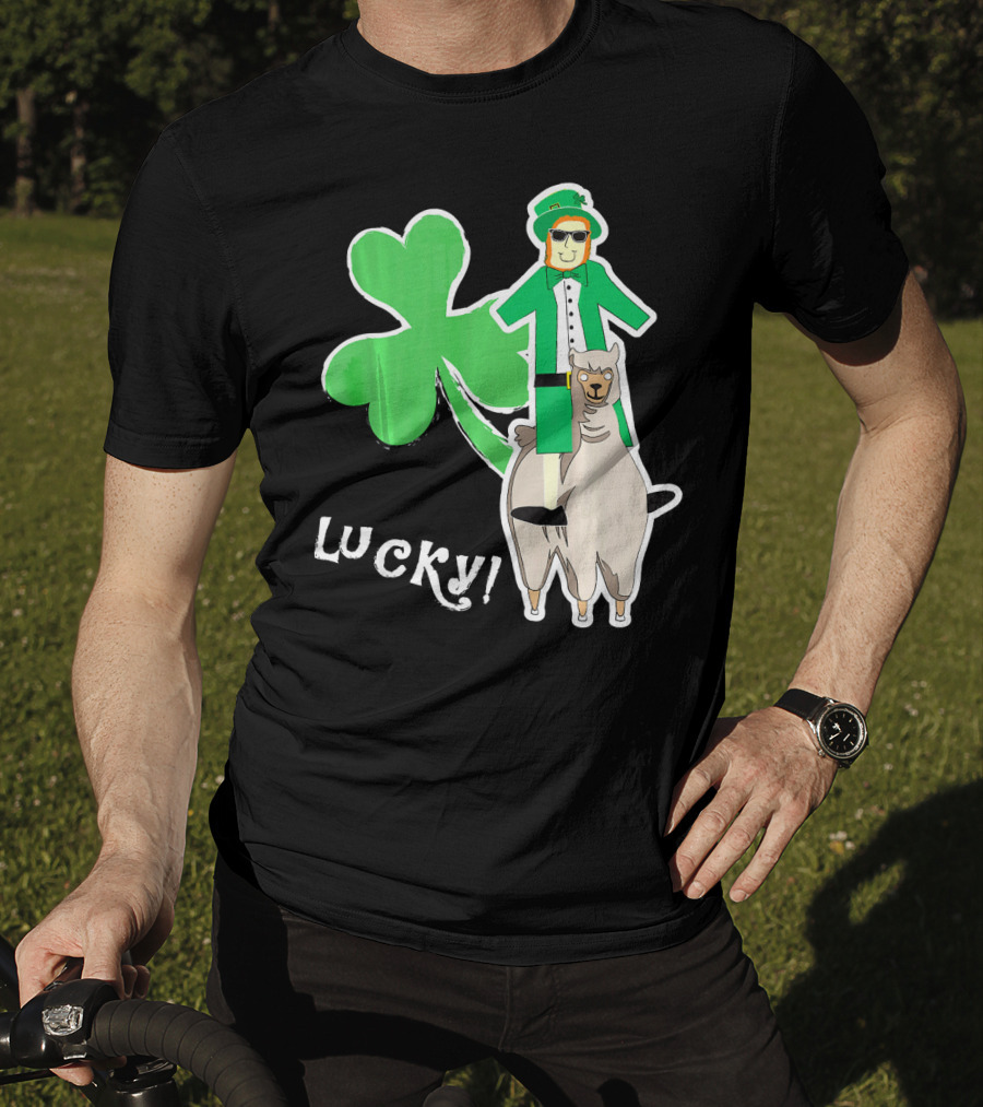 Lucky Leprechaun Riding Llama With Shamrock Irish T-Shirt