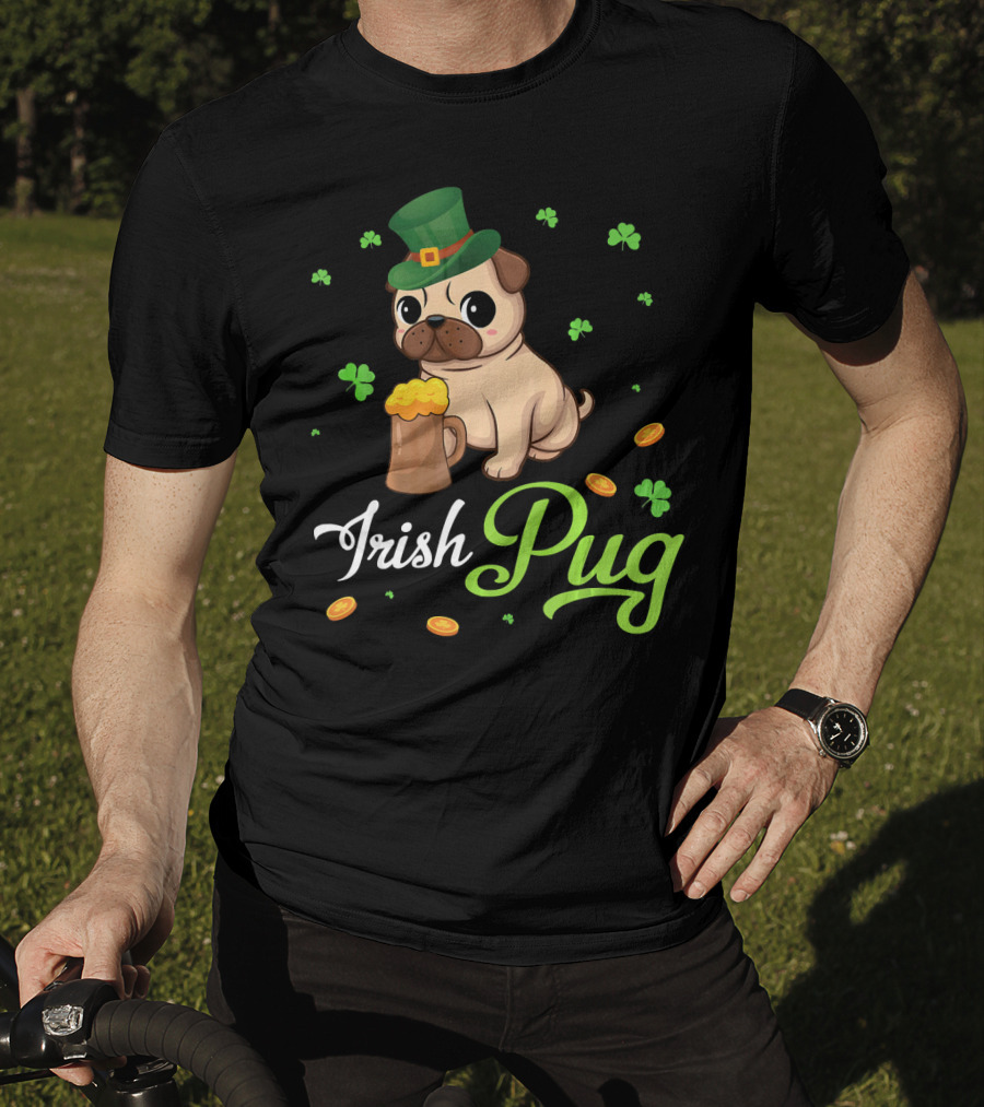 Irish Pug Shamrocks Hat Beer Coins T-Shirt
