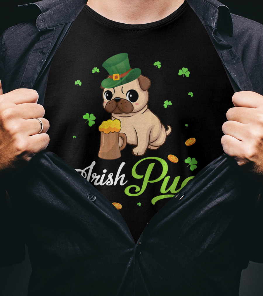 Irish Pug Shamrocks Hat Beer Coins T-Shirt