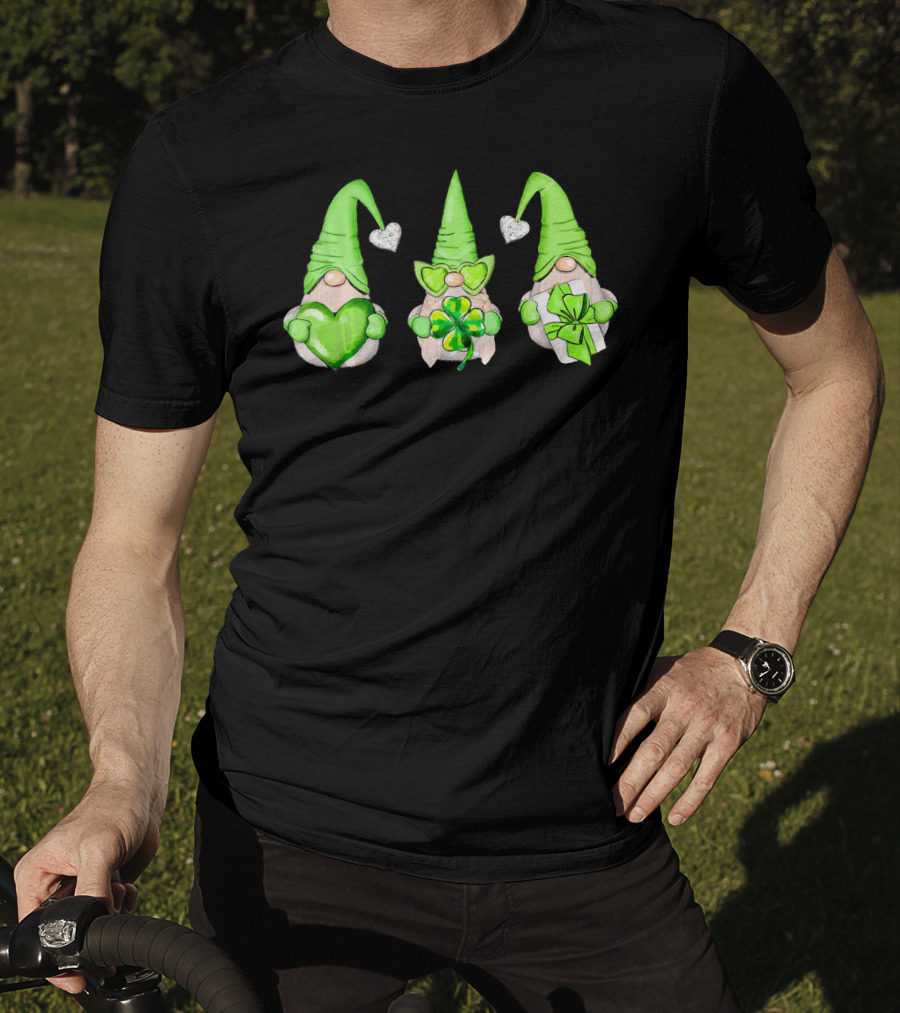 Cool Green Gnomes With Leprechaun Shamrock Hearts And Gifts T-Shirt