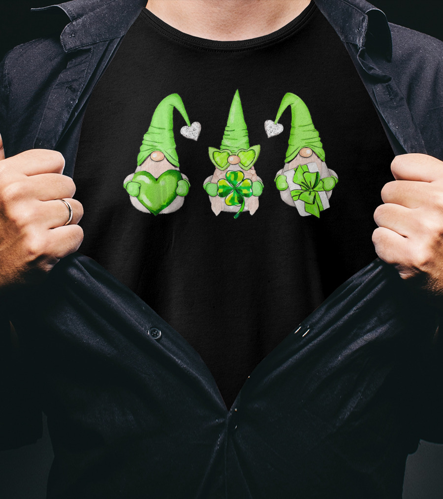 Cool Green Gnomes With Leprechaun Shamrock Hearts And Gifts T-Shirt