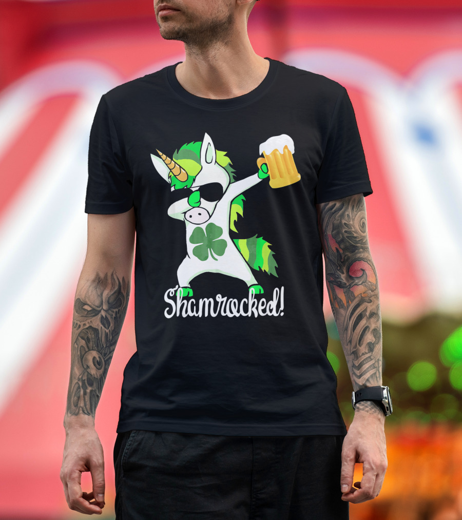 Shamrocked Funny St. Patrick's Day Unicorn with Beer Mug T-Shirt