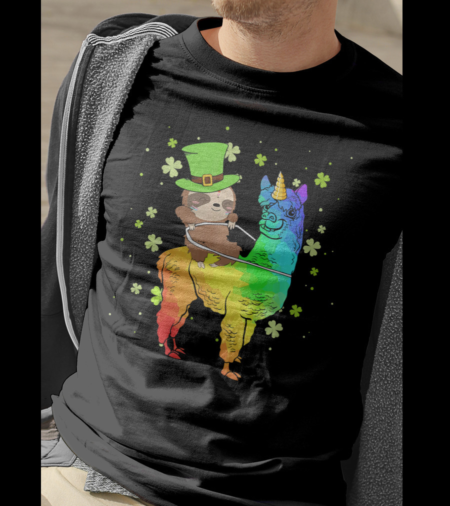 Leprechaun Sloth Riding Rainbow Llama Unicorn St Patrick's Clover T-Shirt