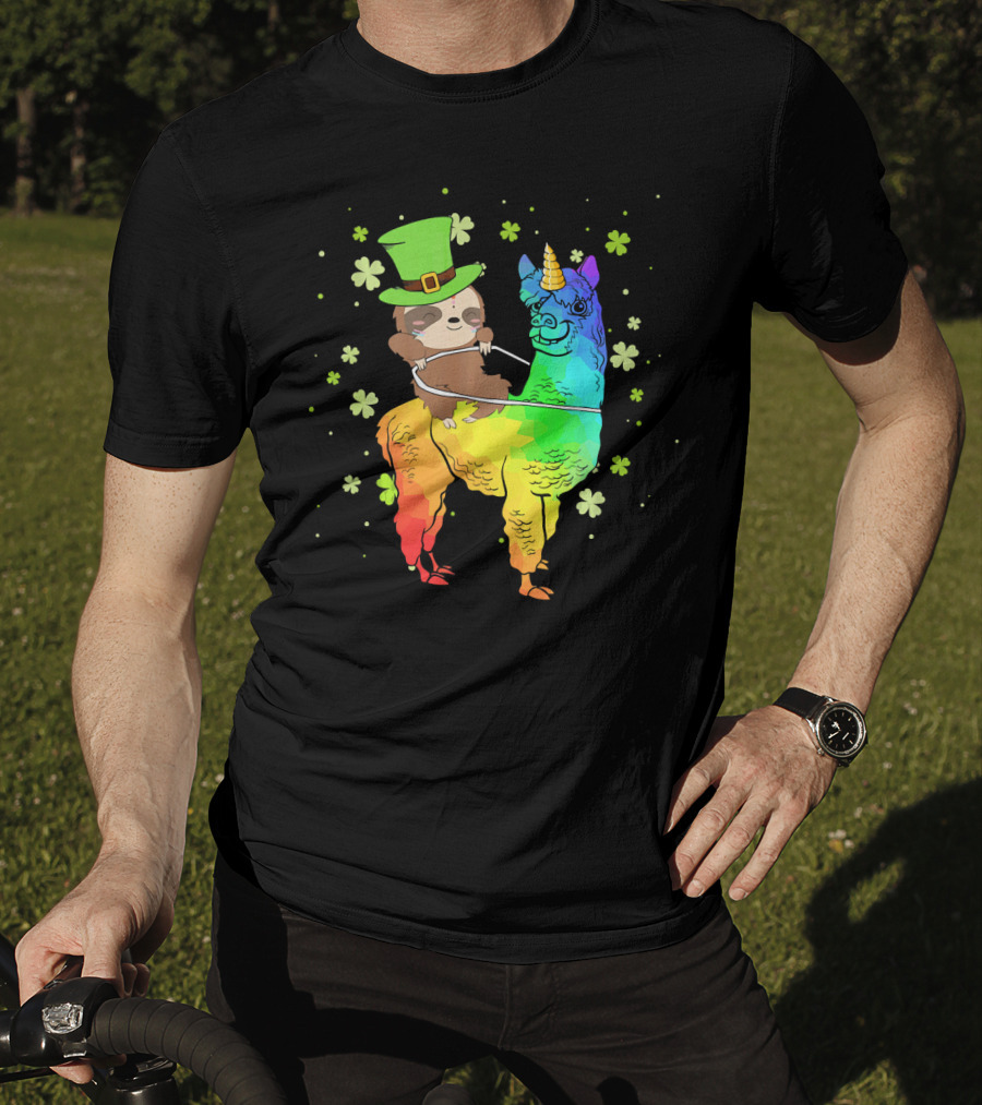 Leprechaun Sloth Riding Rainbow Llama Unicorn St Patrick's Clover T-Shirt