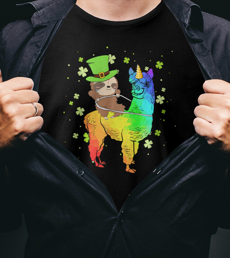 Leprechaun Sloth Riding Rainbow Llama Unicorn St Patrick's Clover T-Shirt