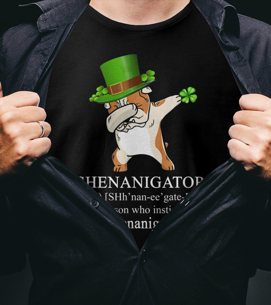 Shenanigator Dabbing Bulldog Instigates Shenanigans With Shamrock Hat T-Shirt
