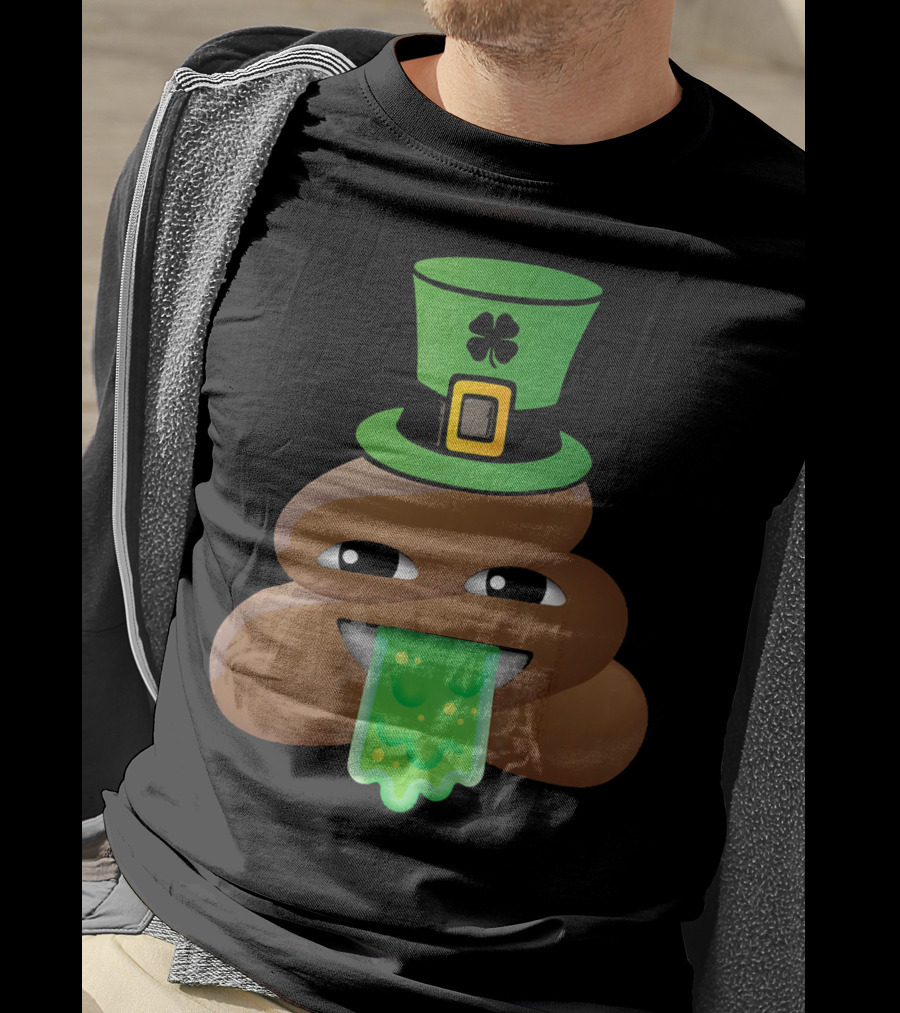 St Patricks Day Funny Leprechaun Poop Emoji Hat And Green Slime Tongue T-Shirt