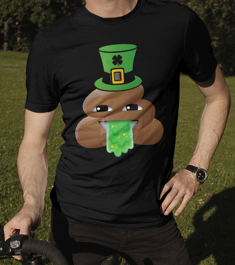 St Patricks Day Funny Leprechaun Poop Emoji Hat And Green Slime Tongue T-Shirt