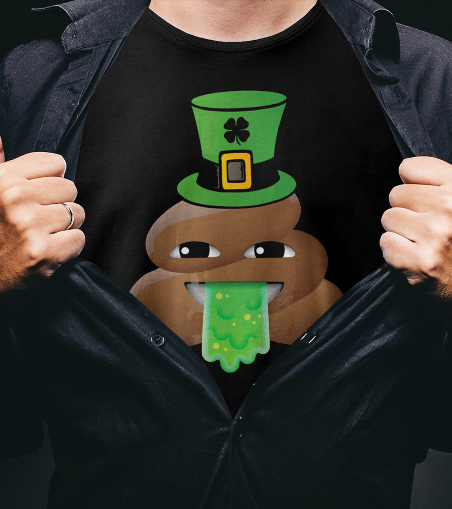 St Patricks Day Funny Leprechaun Poop Emoji Hat And Green Slime Tongue T-Shirt