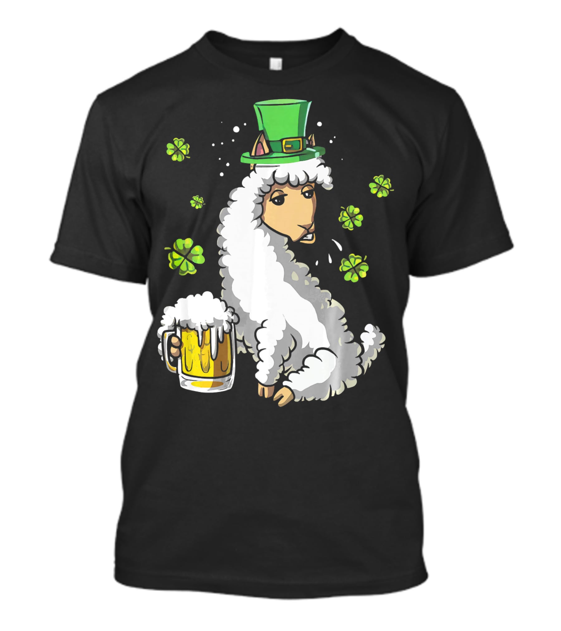 Leprechaun Llama Alpaca St Patrick's Day Beer Holding Clover Shamrock T-Shirt