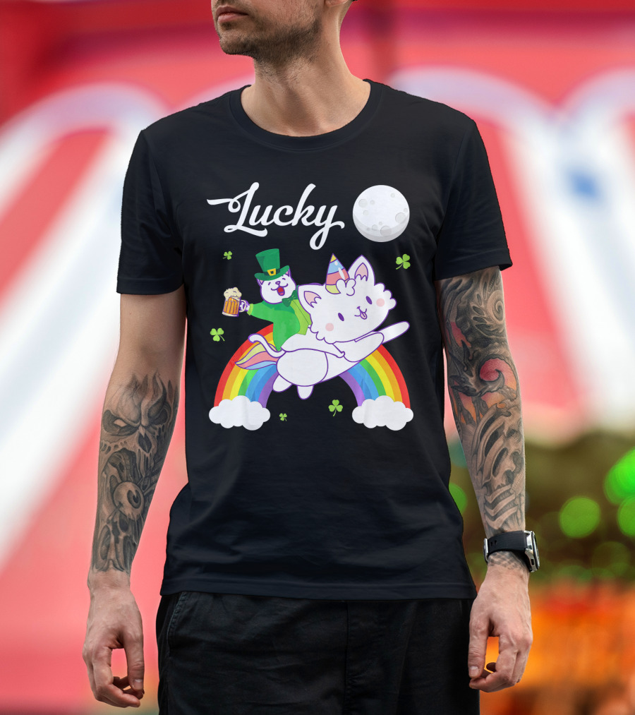 Lucky Leprechaun Cat Riding Unicorn Cat Over Rainbow with Beer and Moon T-Shirt