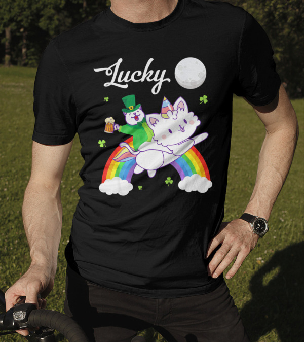 Lucky Leprechaun Cat Riding Unicorn Cat Over Rainbow With Beer And Moon T-Shirt