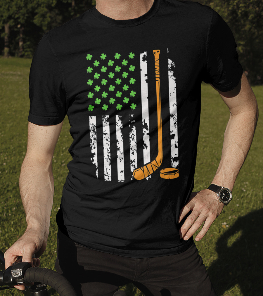 Irish American Hockey Sticks And Shamrocks Flag T-Shirt