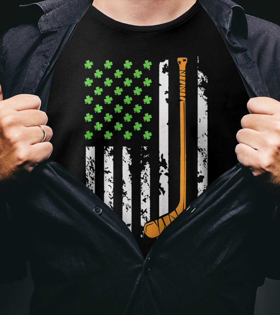 Irish American Hockey Sticks And Shamrocks Flag T-Shirt