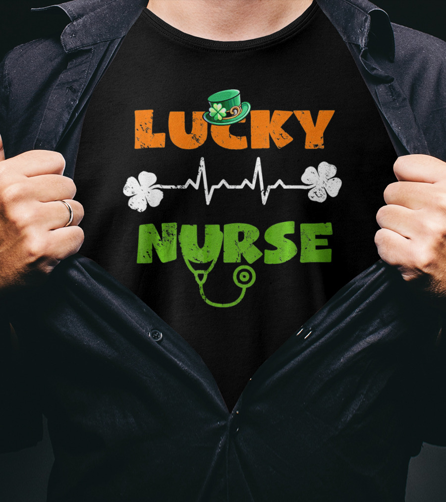 Lucky Nurse Shamrock Heartbeat Stethoscope Hat T-Shirt