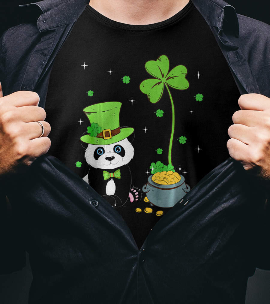 Shamrock Leprechaun Panda St Patricks Pot Of Gold T-Shirt